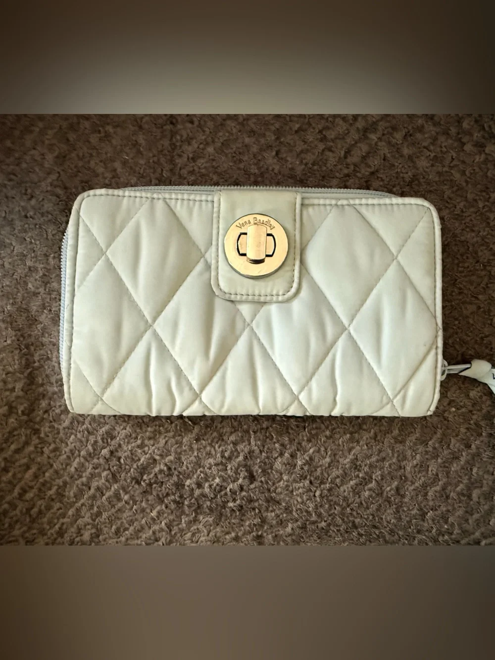 Vera Bradley Quilted Cream Zip-Around Wallet with Gold-Tone Turn Lock